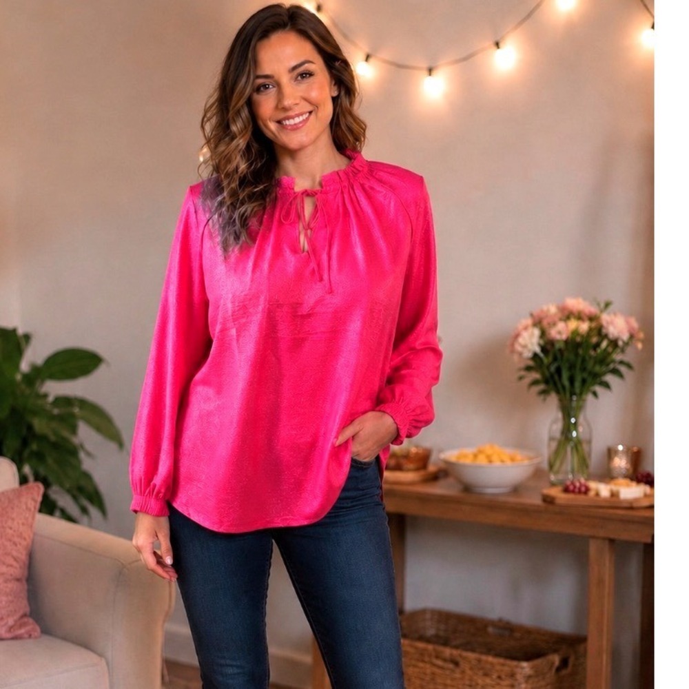Hope & Harlow Magenta Silver Metallic Ruffle Tie Neck Blouse Large NWT